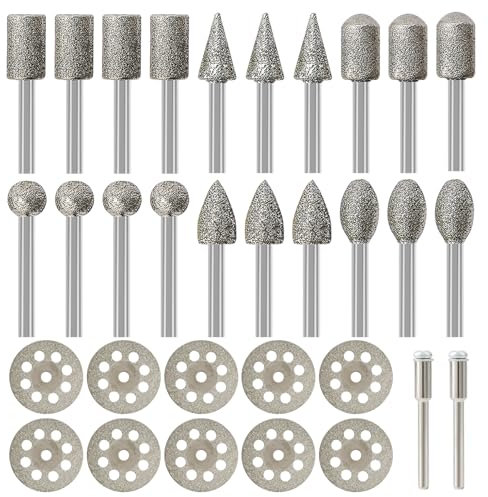 Hakkin 30Pcs Diamond Grinding Bit Set Compatible with Dremel Accessory Diamond Grinding Burr Rotary Tool Accessories with 3mm Shank Cutting Wheel for Stone Glass Carving Polishing