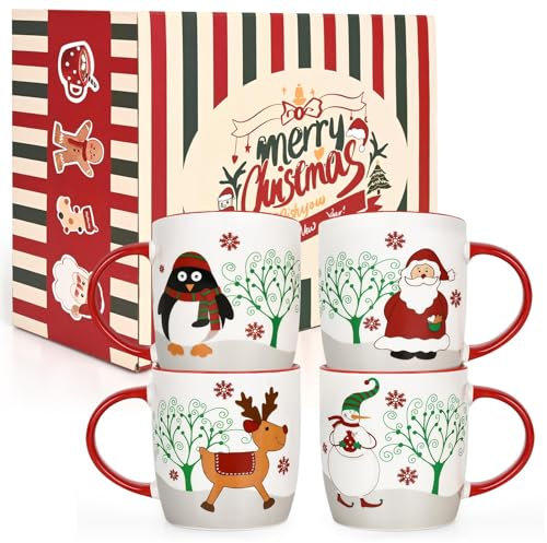 Joymaking Set di 4 tazze di Natale con renna, Babbo Natale, pupazzo di neve, pinguino, vacanze con design festivo, regali di Natale per la famiglia e gli amici, 310 ml
