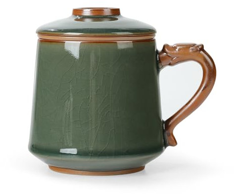 fanquare Taza de Té de Cerámica con Infusor y Tapa, Tazas de Té Chinas de Esmalte Verde, Taza de Té Grande para Casa Viajes 450ml