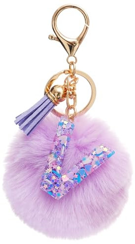 Vorysum Violet Porte-clés Boule de poils gland pour fille porte clef avec lettre porte-clés fille initiale cadeau femmes porte-clés or porte clé-V