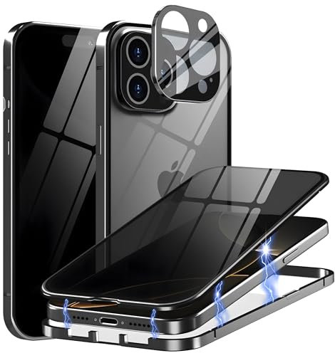 MIMGOAL Case for iPhone 16 Pro Max Anti-Peep Magnetic Cover,Privacy Tempered Glass Full Cover Built-in Camera Protector,360 Degree Front and Back Protection Metal Bumper Case, Black