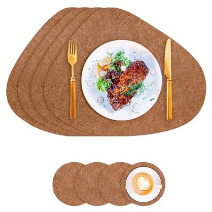 Tovagliette in Ecopelle e Sottobicchieri, Tovagliette Lavabili Bifacciali Antiscivolo Rotonde, Sottobicchieri in Pelle, l'isolamento Protegge il Tavolo (Marrone)