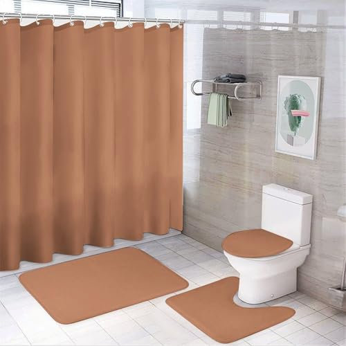 Ensemble de 4 rideaux de douche, couleur unie, marron cuivré, ensembles de salle de bain avec rideaux de douche, tapis de bain antidérapant, housse de couvercle de toilette et tapis en forme de U 72
