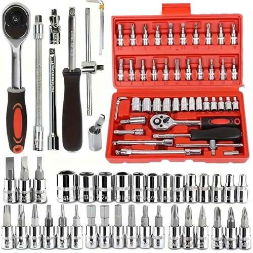Set di chiavi a bussola Mujiluxe da 46 pezzi, attacco da 1/4 di pollice, chiave a bussola a cricchetto, chiave inglese, cacciavite con barra di prolunga (46 pezzi, rosso)