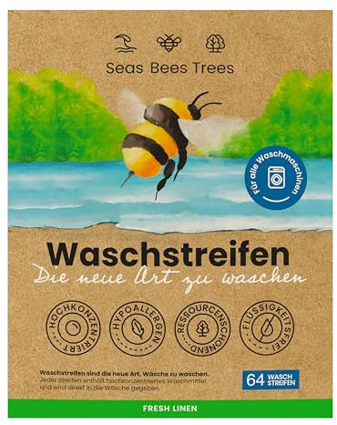 Seas Bees Trees Waschmittel Blätter, Reisewaschmittel, nachhaltige Wäschestreifen mit frischem Duft, für Weiß-, Bunt- und Handwäsche, CO2 sparen und die Umwelt schonen, 64 Streifen, Fresh Linen