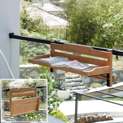 XRRJFYH Balkontisch Hängend Wetterfest Klapptisch Balkon Balkonhängetisch Holz Tisch Balkon Ausziehbar für Geländer, Geeignet für 3~11 cm Breite Geländer(120cm/47in)
