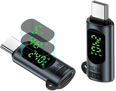 80Gbps USB C Adapter, 240W Typ C Stecker auf Buchse Extender Konverter Thunderbolt 4/3 Erweiterung Unterstützung 48V/5A 8K@60Hz OTG Datenübertragung Ladegerät mit LED Digital Display 2pack (Grey)