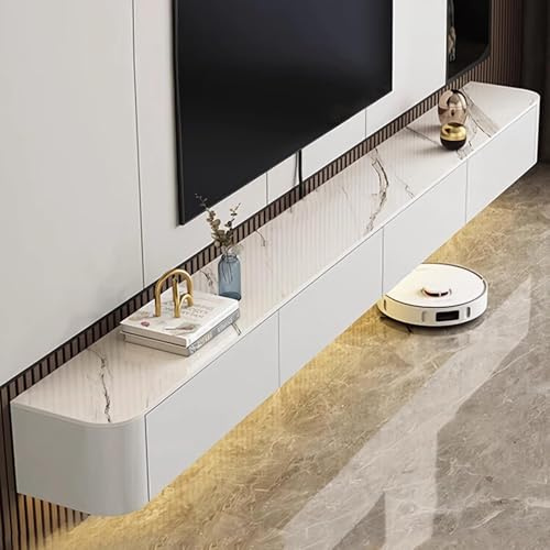 Coubird Floating TV Unit, Wall Mounted TV Cabinet, Floating Shelves with Doors & Drawer, Modern Entertainment Media Console Center Storage TV Bench for Living Room & Office (White-B, 300cm/118.1in)