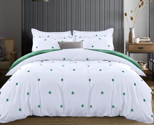 Hafaa Double Duvet Set Soft Printed Bedding Set Brushed Microfiber Duvet Cover with Pillowcases (Green and White Dotted 200x200 CM)