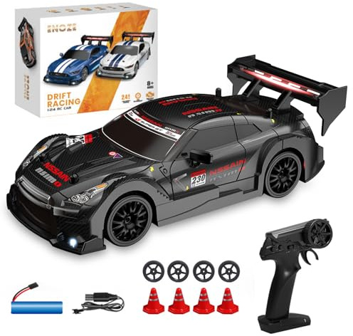 HAINLOGWANG Drift Car 1:24 Rennauto Ferngesteuert, 20km/h 4WD 2,4 GHz Fernsteuerung Mini RC Car, Ferngesteuertes Auto mit Eine Batterie, 4 Reifen und 4 Straßensperren Für Kinder(Schwarz)