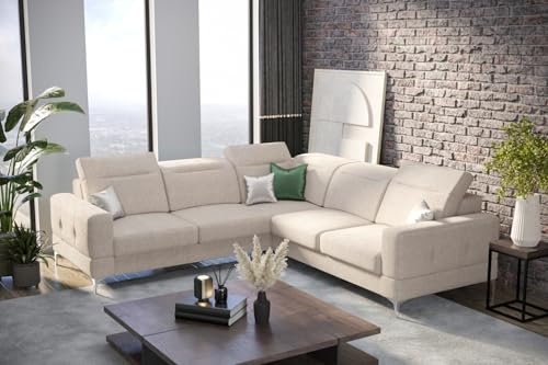 Friderik Ecksofa Malibu Max 250x250 cm mit Schlaffunktion - Stoff Gemma - Verstellbare Kopfstützen & Armlehne (Creme, Rechts)