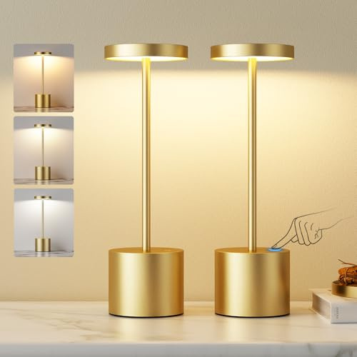 PreeOtti LED Tischlampe Kabellos, Tischleuchte Kabellos Akku, Tischlampe Akku mit 3 Farbtemperatur, Touch Nachttischlampe Dimmbar, Stufenlos Dimmbar für Schlafzimmer, Café, Outdoor, 2 Stück, Gold