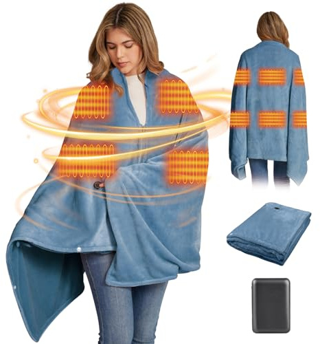 Couverture Chauffante Sans Fil 160x90 cm avec Batterie 16000 mAh 3 Niveaux de Chaleur Plaid Chauffant Électrique Portable, Poncho Chauffant pour Canapé, Bureau, Voyage, Camping (Bleu clair)