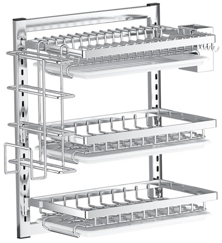 Licsaliwe Wall Mounted Dish Drying Rack, 3 Tier Stainless Steel Hanging Rack with Drainboard, Adjustable Space & Hooks, Kitchen Utensil Holder