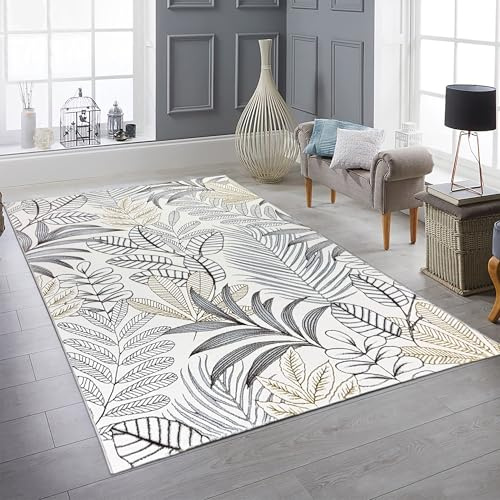Teppich-Traum Kurzflor Teppich Blättermuster Beige Creme Gold 240x340 cm | Pflegeleicht, schmutzabweisend, strapazierfähig, weich, seitlich gekettelt, OEKO-TEX geprüft, mit Glanzeffekt, 8 mm Flor