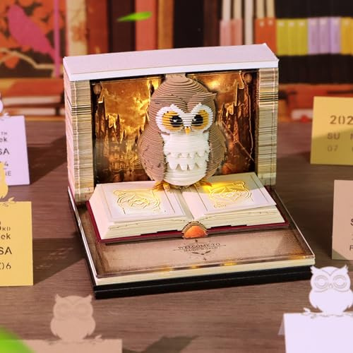 3D Kalender 2026 Abreißen, 3D-Notizblock Tischkalender-Notizblock mit Licht, Kreative Eule Papier Schnitzerei Kunst Schreibtisch Kalender, Magisches Eulen Geschenk für Weihnachten Neujahr