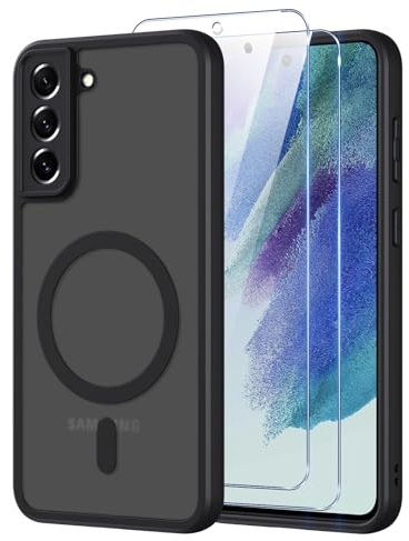 Pnakqil Magnetisch für Samsung Galaxy S21 FE Hülle für Magsafe,Matt Transluzente Handyhülle für Samsung Galaxy S21 FE mit 2 Panzer Schutz Glas,PC Härte Kratzfest Matte Dünn Magnetische Case,Schwarz