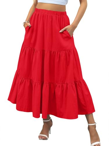 Zeagoo Rock Damen Sommer Lang Rock Hohe Taille Maxirock mit Taschen | Lange Rock Damen, Casual Einfarbige Röcke, Elastische Swing Midirock, Blumen Plisseerock, A-Linie Boho Damenrock S-XXL