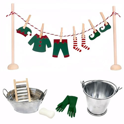 Kertaym Wichtel Zubehör Wäscheleine Set, 16 Stück Wichtelzubehör, Weihnachtswichtel Zubehör Inkl. Eimer, Reibebretter,Holzbügel/Kleider, Miniatur Zubehör Für Wichtel Kleidung (A)