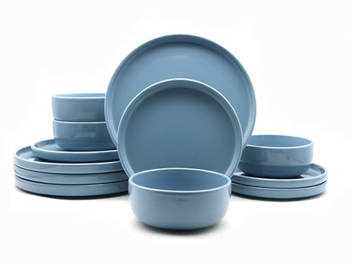 Waterside 12pc Pastel Blue Lipped Stoneware Dinnerware Set