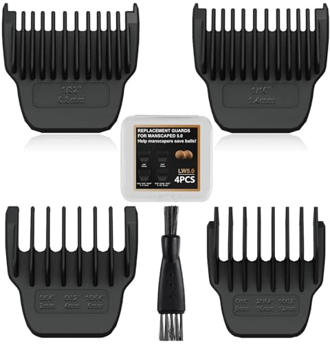 4 Pack Guards for Manscaped Lawn Mower 5.0 - Adjustable Lawnmower 5.0 Trimmer Guards with Brush and Organizer, Waterproof Guide Comb Replacement for Manscaped 5.0 Ultra Attachments, 1/32 to 15/32
