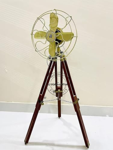 Ventilador de suelo antiguo/ventilador vintage azul marino real con trípode de madera marrón de dos pliegues para decoración del hogar y la oficina