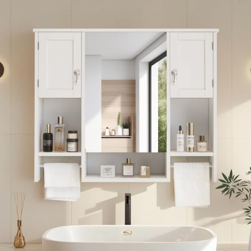 VECELO Wandmontierter Spiegelschrank 18 × 89 × 73 cm, hängender Badschrank mit 2 Türen, verstellbaren Ablagen, offenen Fächern und 2 Handtuchhaltern, ideal für Badezimmer und Küche, Weiß