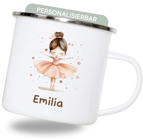 smartaini Personalisierte Emaille-Tasse mit Namen & Motiv – Becher 330 ml, leichte Emailletasse personalisiert, robuster Becher mit Namen, Camping Tasse (Ballerina)