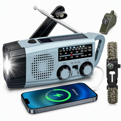 RADIO DI EMERGENZA MANOVELLA SOLARE, Radio AM/FM Powerbank 2000mAh USB-C, Torcia LED Allarme SOS – Blackout, Kit Sopravvivenza, Campeggio, Auto