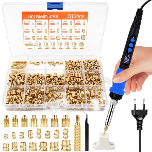 515 Stk Gewindeeinsätze Lötspitzen Set,90W LED Temperatur Einstellbar Lötkolben mit 505 Gewindeeinsätze M2-M8,7 Lötspitzen&1 Adapter für Gewindeeinsatz 3D Druck