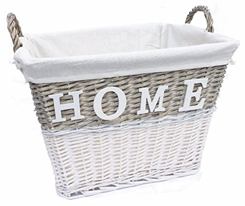 Shabby Chic White Wicker Storage Log Hamper Laundry Basket With Handles (Small 33x24x28cm)