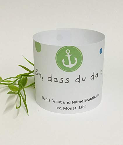 12 Mini Tischlichter mit Teelichtglas (auch Tischkarte) für die Hochzeit, Tischschmuck Tischdekoration Motiv „Punkte - Anker, personalisierbar