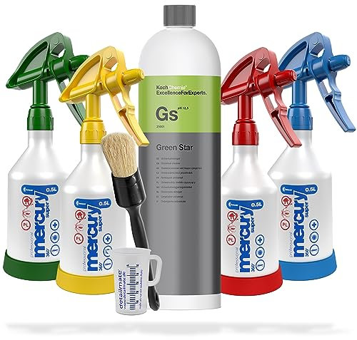 Auto Reinigungsset für Innenraum und Außen | Koch Chemie Green Star Universalreiniger 1L | 4 Kwazar Mercury Super PRO Sprühflasche - Überkopf Sprühfunktion | Reinigungspinsel | zur optimalen Reinigung
