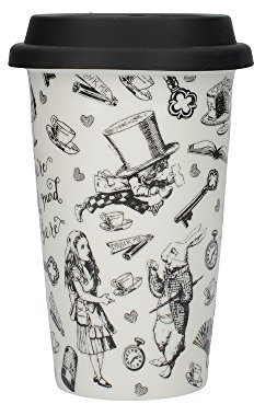 V&A Victoria & Albert Keramik-Reisebecher, Alice im Wunderland-Design, feines Knochenporzellan, 19,5 x 15,5 cm, Schwarz und Weiß