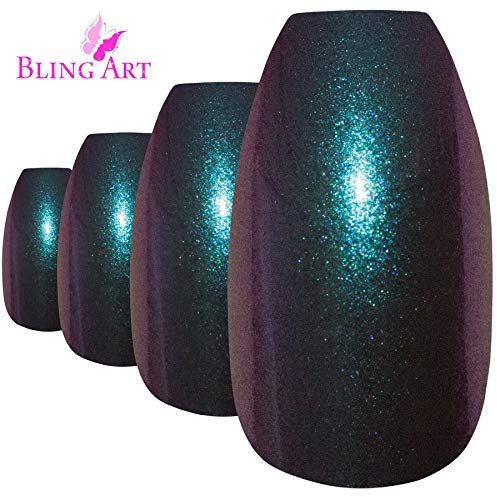 Bling Art Ballerina False Nails Fake Coffin Chameleon Green Purple Long Tips