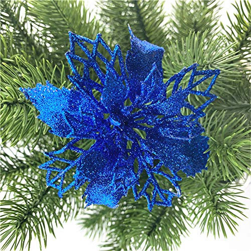 GLITZFAS 12 Stück Glitter Weihnachtsbaum Dekoration, Weihnachtsbaumschmuck Ornament Weihnachten Blumen Dekor, Christbaumanhänger (Indigo,9 cm)