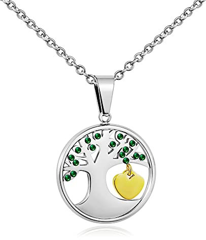 PHOCKSIN Tree of Life Pendant Necklace Green CZ Gold Plated Small Heart Dangle Necklaces 18 20 inches Adjustbale Stainless Steel Chain