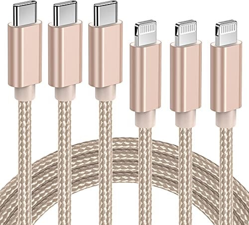 Quntis Lot 3 Nylon Câble USB C vers Lightning Charge iPhone Rapide MFi Certifié 2M, Chargeur Lightning USB C pour iPhone 12 13 Mini 11 Pro X XR XS Max 8 iPad Pro 2018/Air 2019 Mini, Fil C-Lightning Or