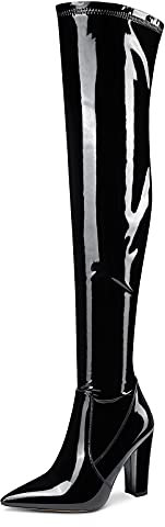 NobleOnly Donna Stivali Sopra il Ginocchio Cerniera Tacco a Blocco 10CM High Heels Boots Nero Pelle Verniciata Scarpe EU 42
