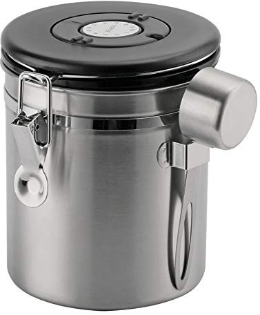 Café Olé Stainless Steel Bean & Ground Coffee Storage Canister, 750g | Day/Date Tracking Dial, Measuring Scoop, Airtight Vacuum Seal, Silver