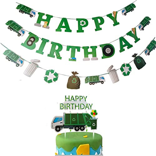 Garbage Truck Birthday Banner Trash Truck Party Supplies Waste Management Recycling Decorations Set Cupcake Topper for Kids Boys Girls Farm Theme Party Supplies