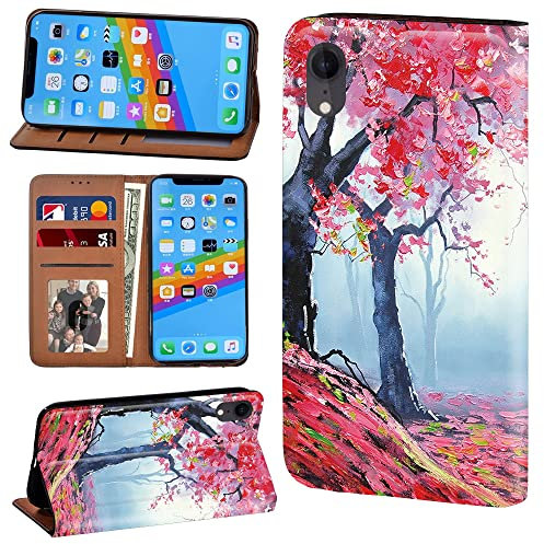 Design Printed Phone Case Fit iPhone XR, Soft Silicone TPU inner case + High-grade Leather Flip Wallet Stand Phone Case Cover for Apple iPhone XR (red tree paint)