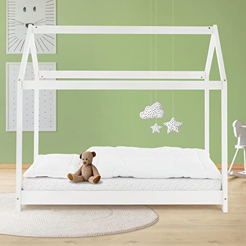 ML-Design Lit Cabane Enfant 80x160 cm avec Toit et Sommier à Lattes, Blanc en Bois de Pin Massif, Couchage au Sol Maisonnette pour Fille Garçon Adolescent Chambre à Coucher, Structure Style Maison