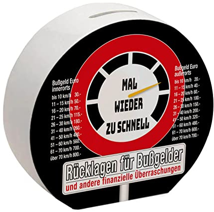 Zu schnell gefahren Bußgeld Spardose in schwarz mit Straßenschild Motiv um für einen Strafzettel zu sparen für den Führerschein mit Bußgeldkatalog für Autofahrer