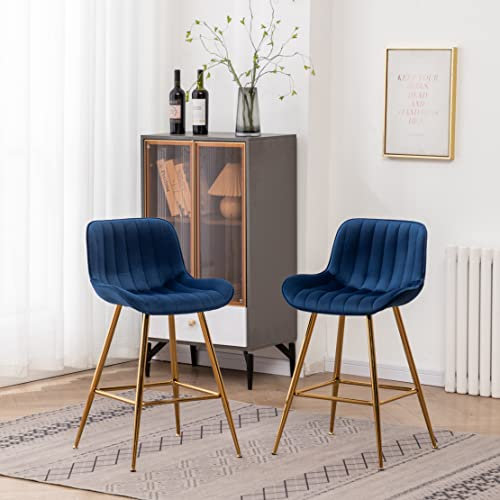Sidanli 61 cm Barhocker, goldene Barhocker, 2 Stück, blauer Samt, Thekenhöhe.
