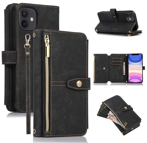 ZCDAYE Wallet Case for iPhone 12, Premium Leather Phone Case Women Ladies Holster with Card Slots Wrist Strap Zipper Flip Phone Cover for iPhone 12 (6.1 inches), Black