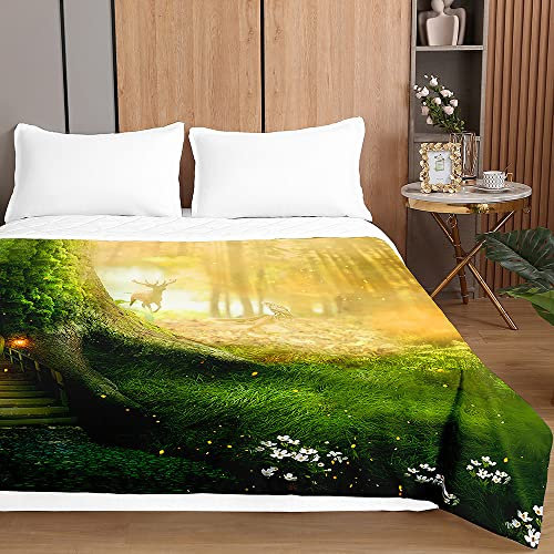 Chickwin Tagesdecke Bettüberwurf, Wunderland Drucken Tagesdecken mit Prägemuster Gesteppt Steppdecke Überwurf Wohndecke aus Mikrofaser (220x240cm,Hirsch)