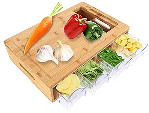 JQTOP Tabla de cortar con 4 contenedores, tabla de cortar grande de bambú con cajones, tabla de cocina de 11 x 16 x 4 pulgadas
