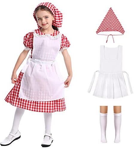 ACWOO Déguisement Oktoberfest Enfant Fille, Robe à Carreaux Rouge Fille avec Tablier, Foulard, Chaussettes, Déguisement Petit Chaperon Rouge, Robe de Maid Fille pour Noël Halloween Carnaval Cosplay