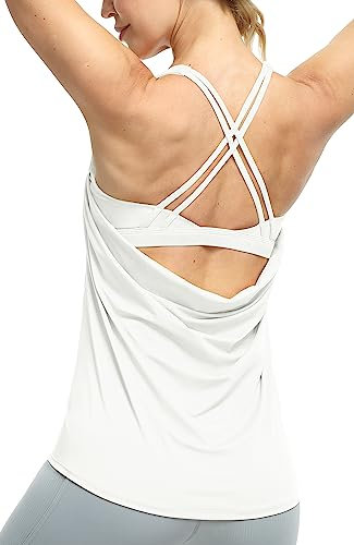 icyzone Damen Sport Yoga Top mit BH - 2 in 1 Fitness Shirt Cross Back Gym Sport Tank Top (L, White)
